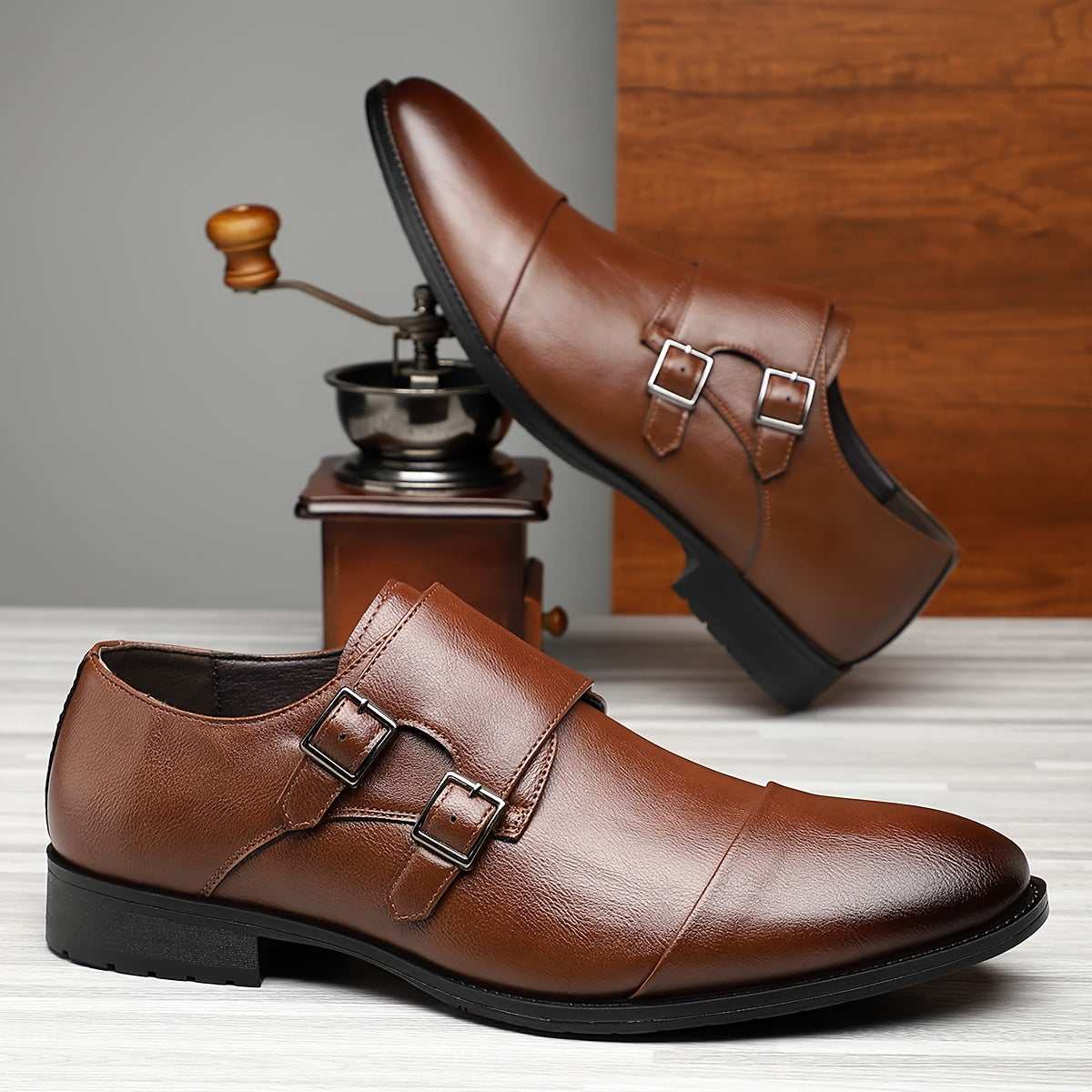 Men's Double Monk Strap Dress Shoes – Cap Toe Leather Slip-On