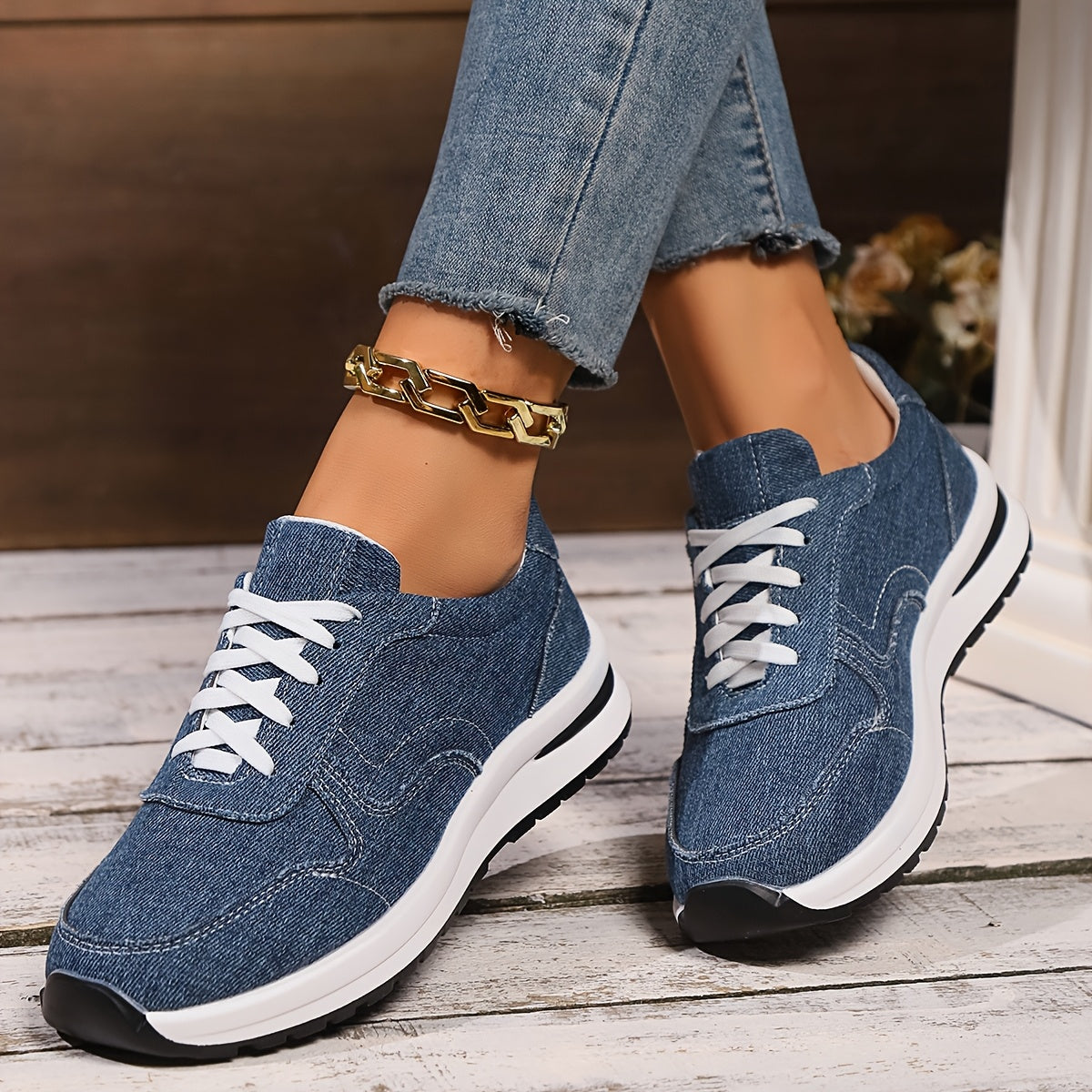 Women’s Round Toe Faux Leather Platform Sneakers with Lace-Up Design