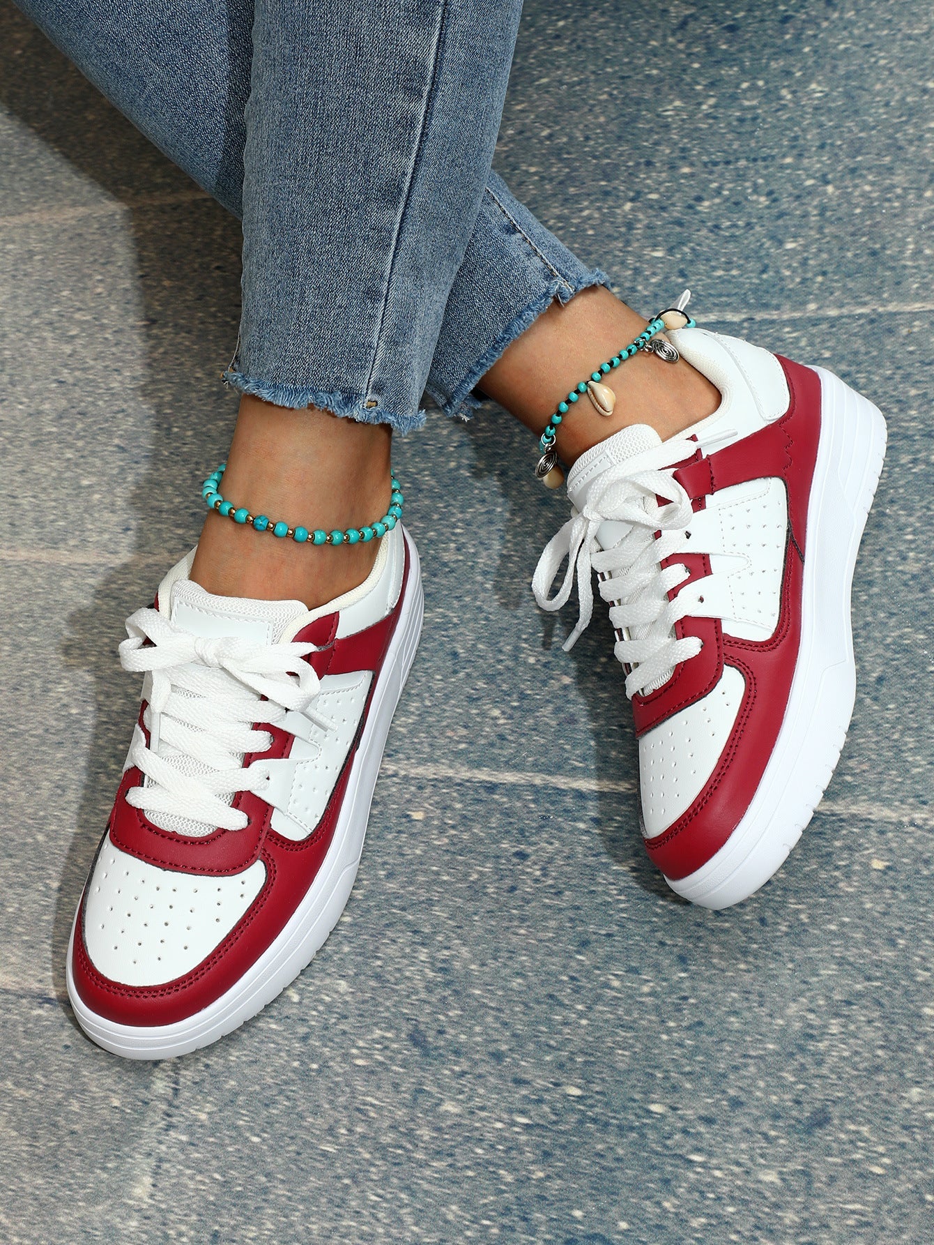 Women's Lace-Up Platform Sneakers - Low Top - Perforated Panel - Chunky Sole