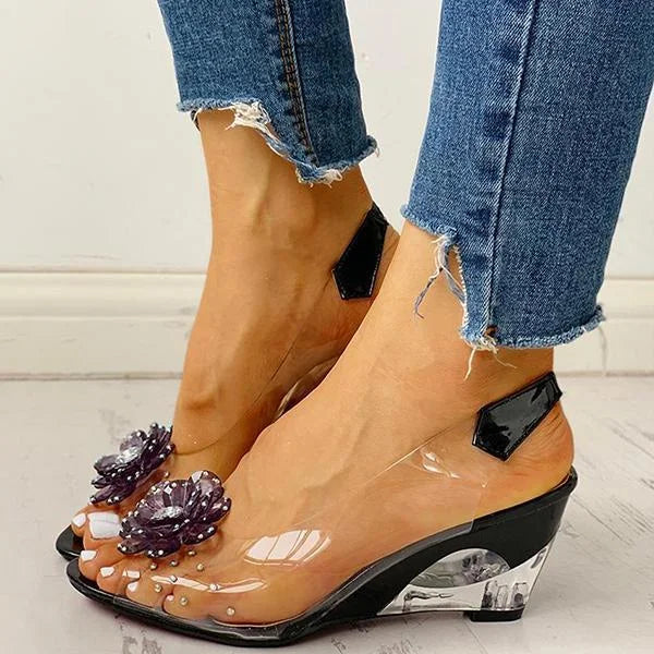 Women's Clear Wedge Sandals – Open Toe Slingback with Flower Crystal Detail