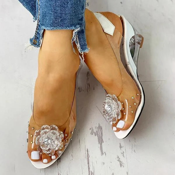Women's Clear Wedge Sandals – Open Toe Slingback with Flower Crystal Detail