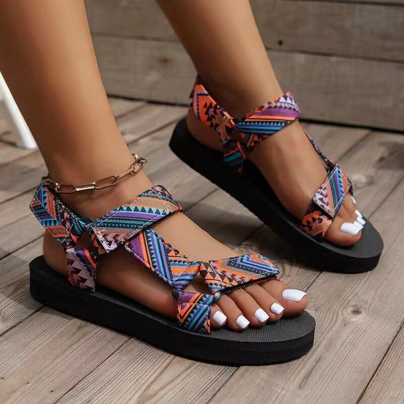Women's Strappy Flat Sandals - Open Toe - Printed Velcro Strap - Rubber Sole