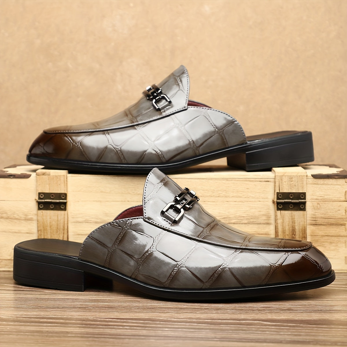 Men’s Mule Loafers with Croc Pattern - Slip-On Backless Design - Metal Bit Detail