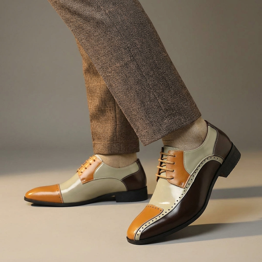 Men’s Leather Colour-Block Oxford Shoes with Brogue Detailing