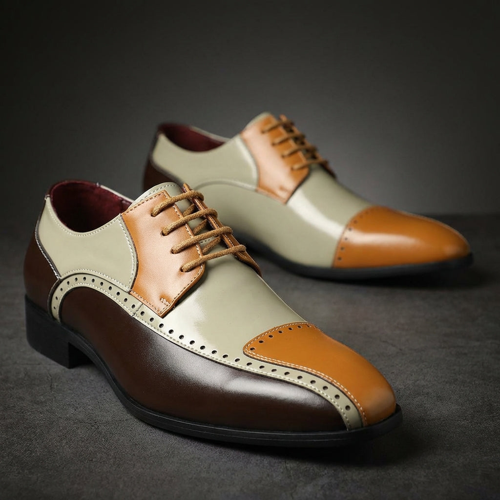 Men’s Leather Colour-Block Oxford Shoes with Brogue Detailing