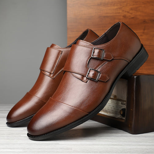 Men's Double Monk Strap Dress Shoes – Cap Toe Leather Slip-On