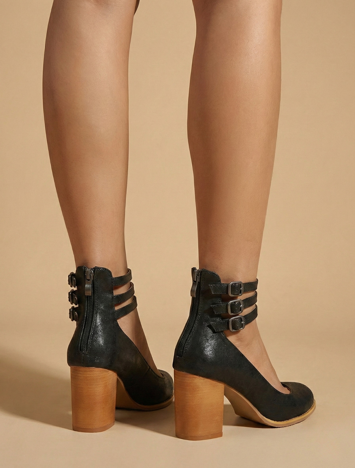 Women’s Block Heel Ankle Shoes with Closed Toe and Multi Strap Buckle Detail