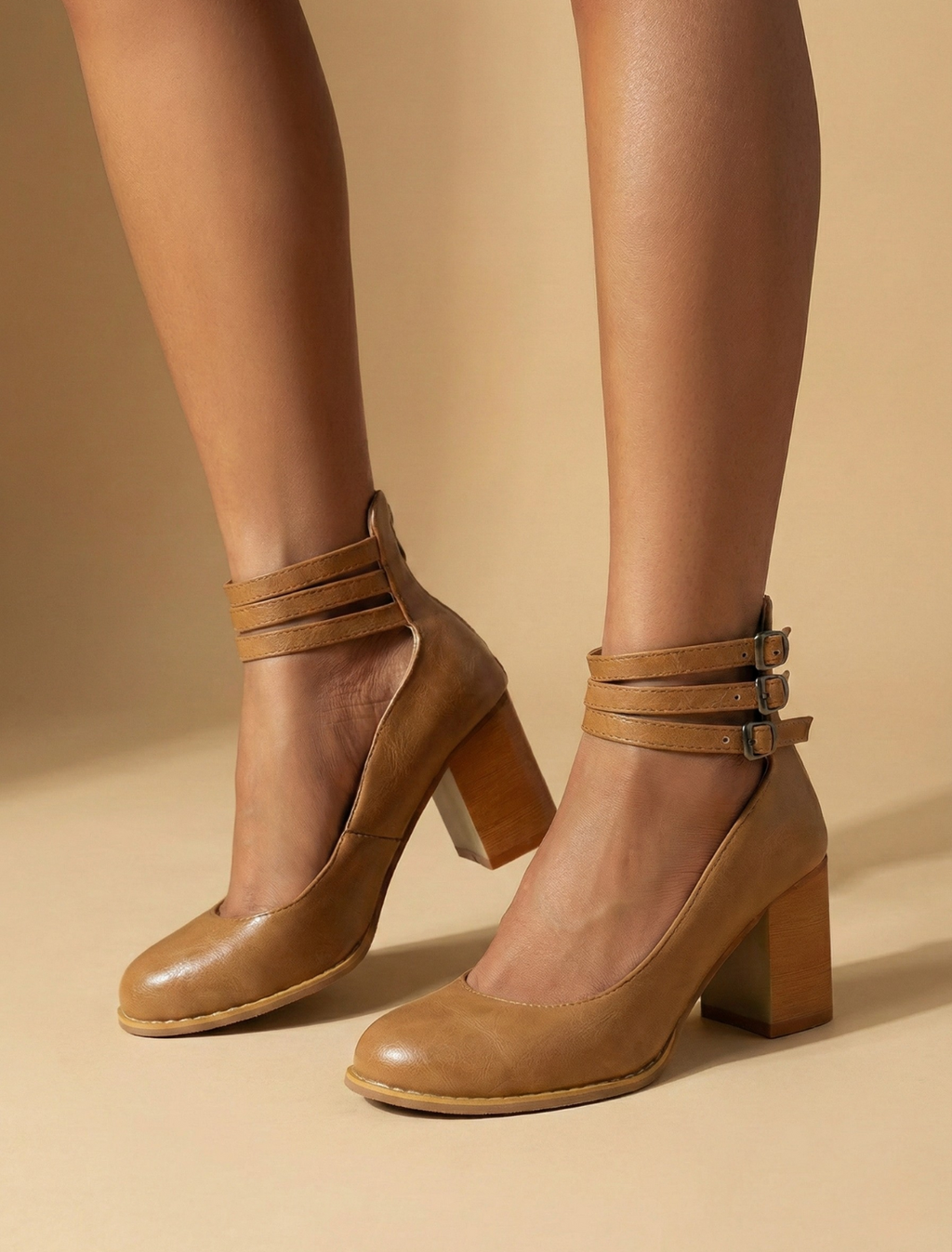 Women’s Block Heel Ankle Shoes with Closed Toe and Multi Strap Buckle Detail