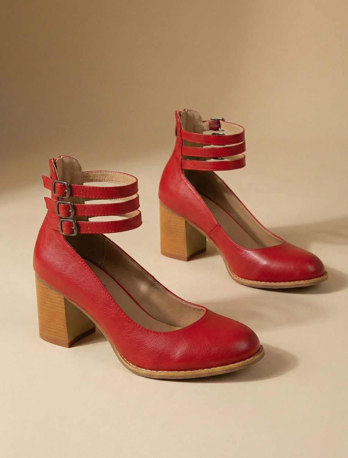 Women’s Block Heel Ankle Shoes with Closed Toe and Multi Strap Buckle Detail