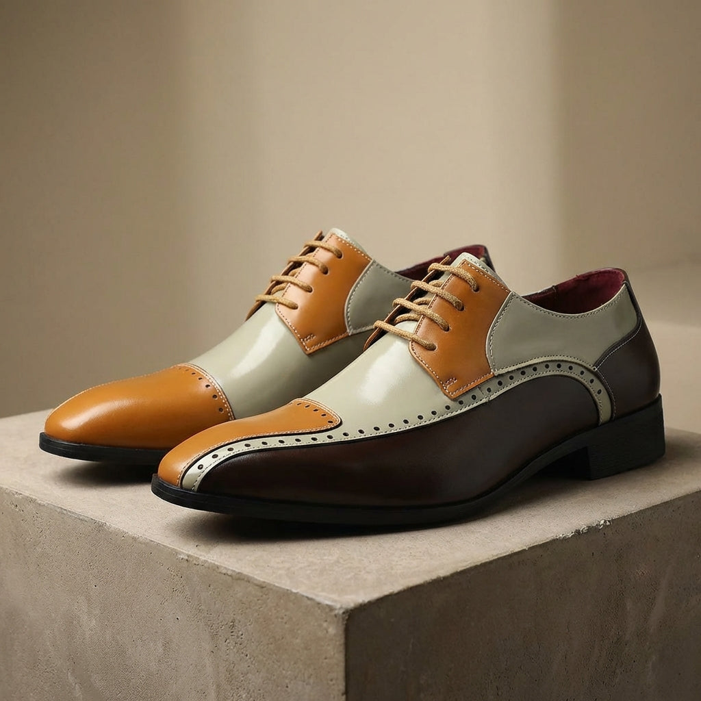 Men’s Leather Colour-Block Oxford Shoes with Brogue Detailing