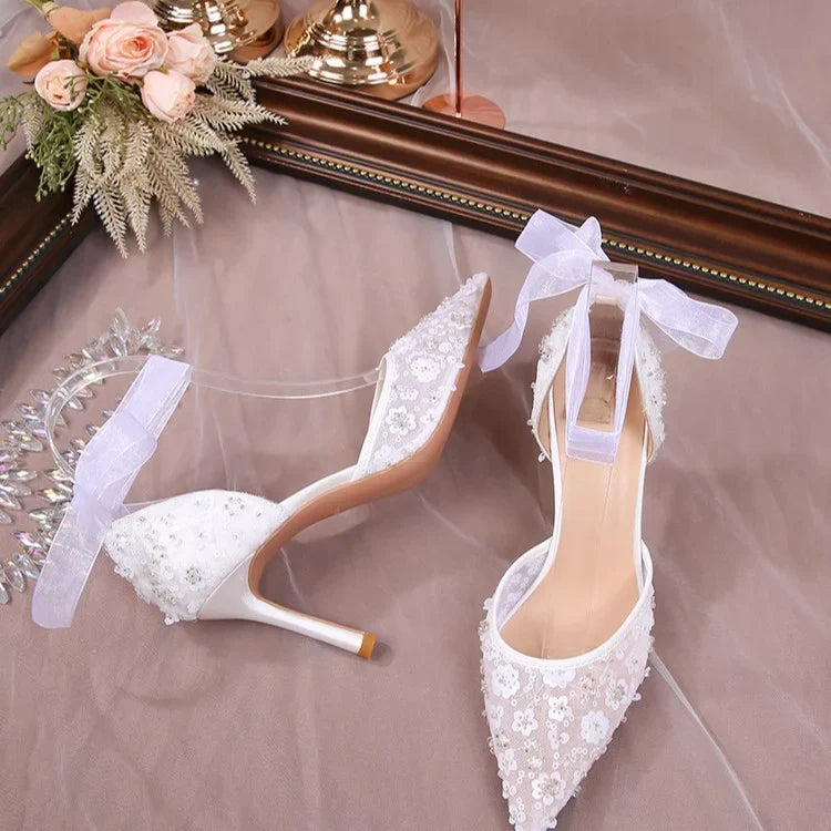 Women's White Pointed Toe Lace Heels - Ribbon Ankle Tie Floral Stiletto Pumps