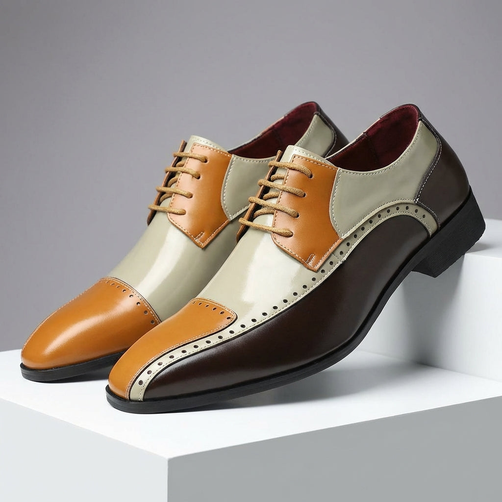 Men’s Leather Colour-Block Oxford Shoes with Brogue Detailing