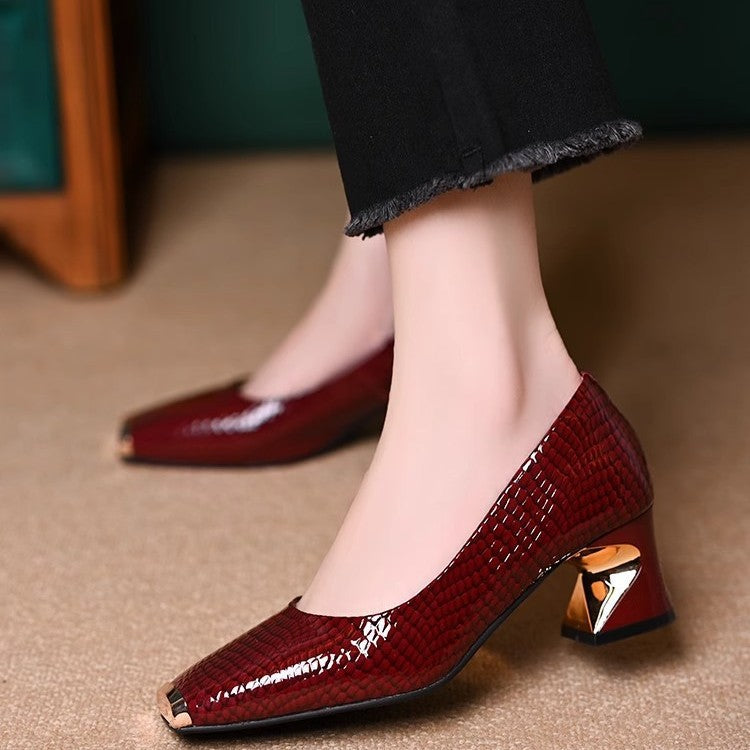 Women's Croc-Embossed Slip-On Pumps with Metal Cap Toe and Sculpted Heel