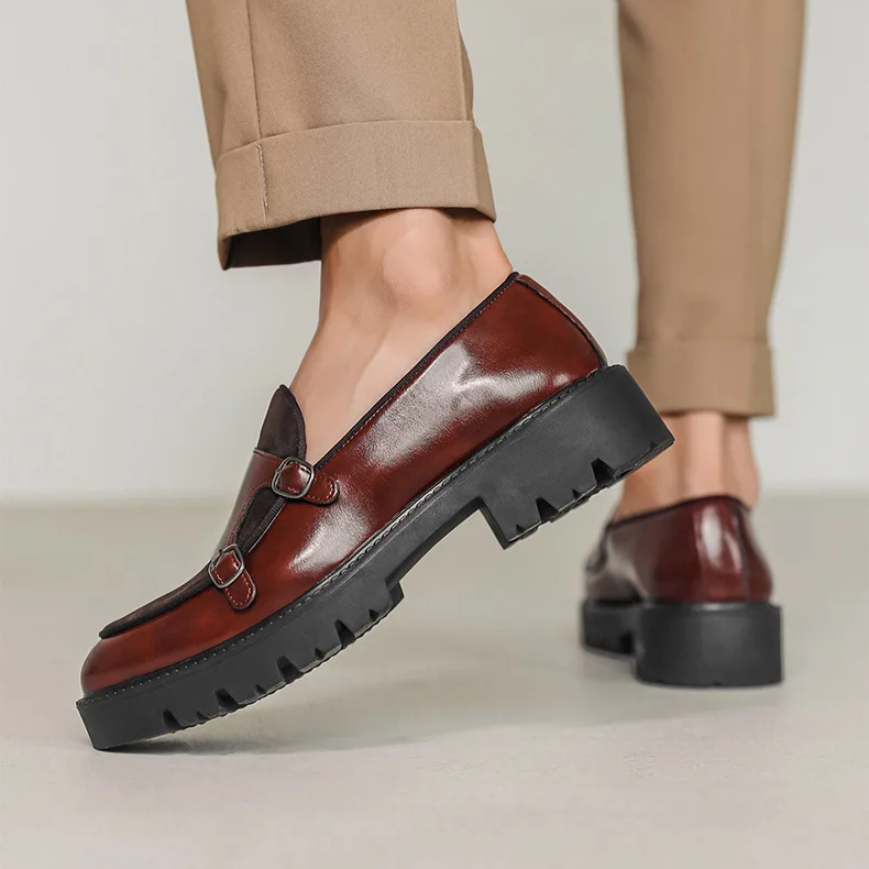 Men's Double Monk Strap Loafers - Platform Lug Sole - Round Toe