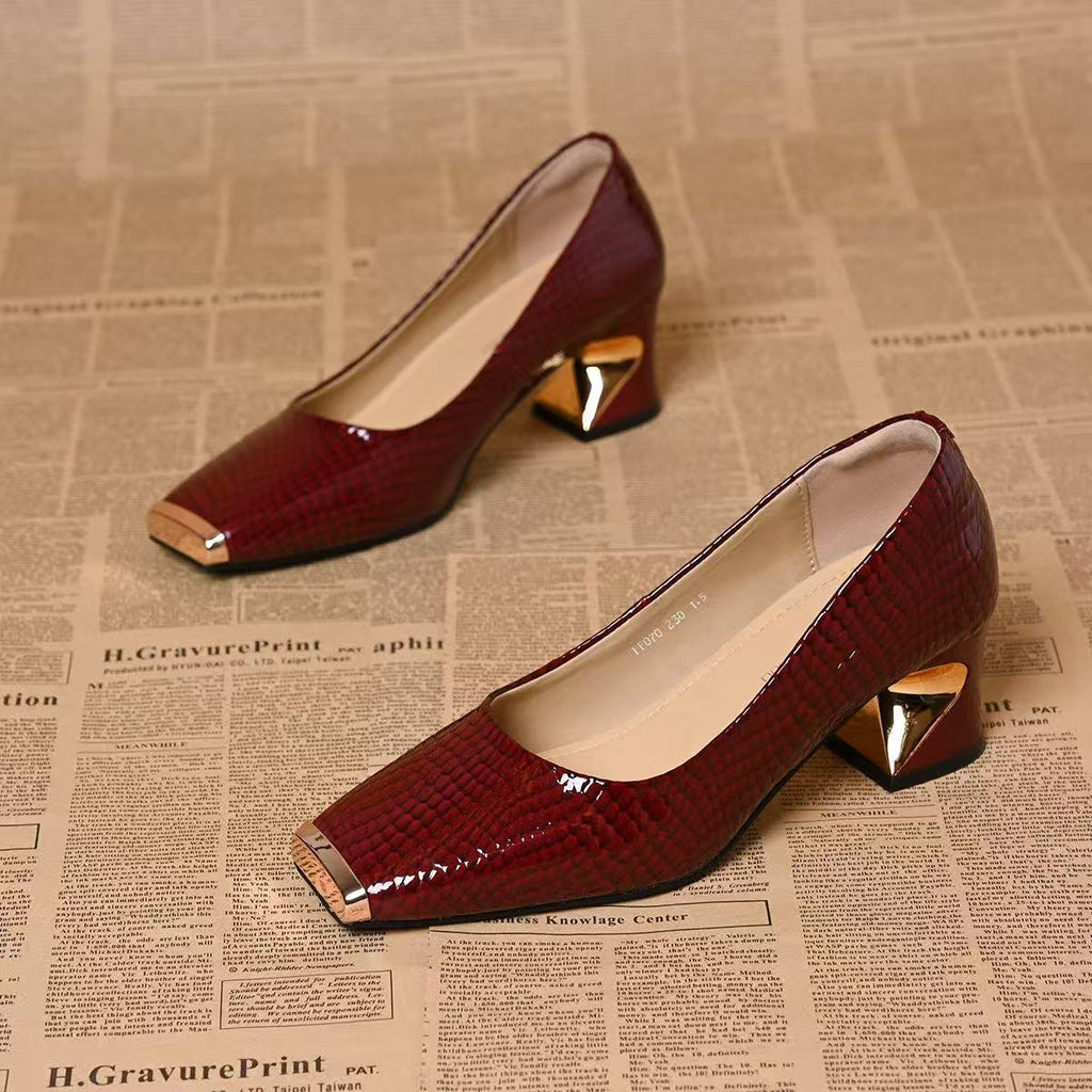 Women's Croc-Embossed Slip-On Pumps with Metal Cap Toe and Sculpted Heel
