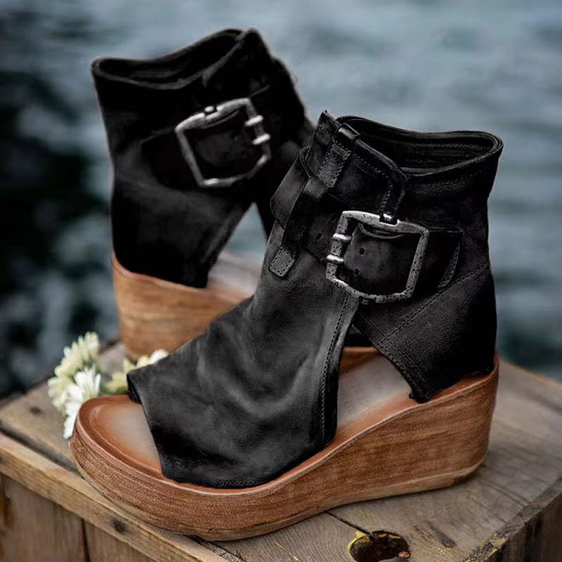 Women's Open Toe Wedge Sandals - Buckle Closure - Platform Ankle