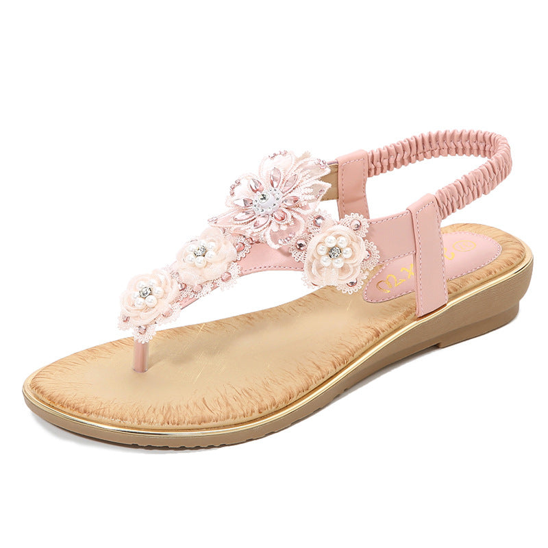 Women's Flat Thong Sandals – T-Strap Floral Lace and Rhinestone Elastic Slingback