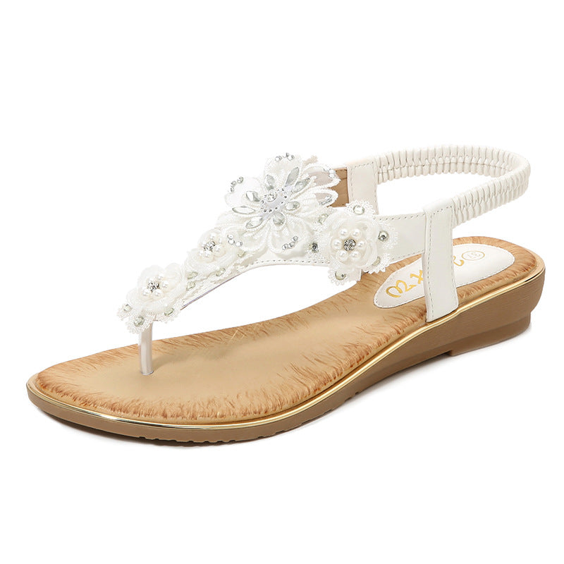 Women's Flat Thong Sandals – T-Strap Floral Lace and Rhinestone Elastic Slingback