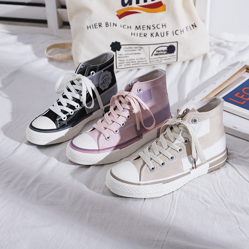 Women's High Top Sneakers – Lace-Up Platform Canvas with Patchwork Upper