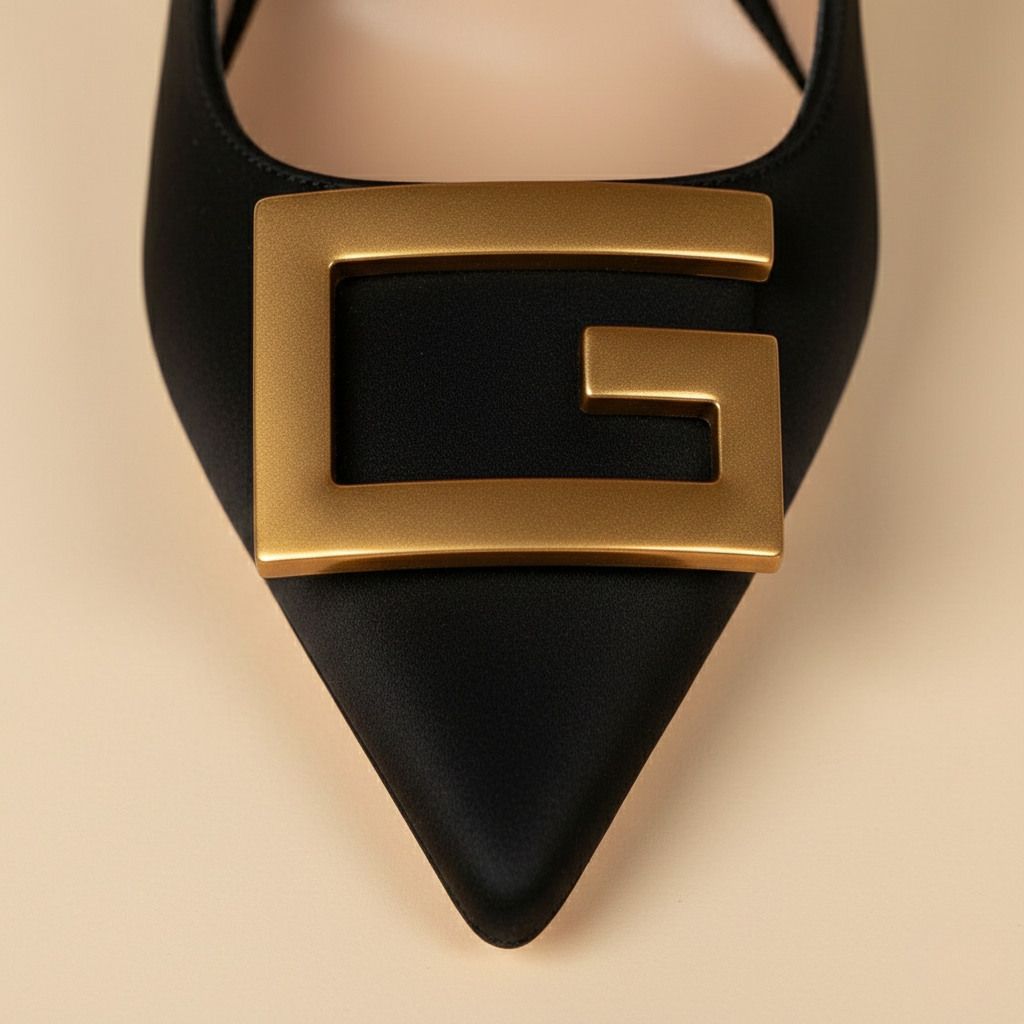 Women’s Black Pointed Toe Slingback Stiletto Heels with Metallic Buckle