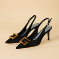 Women’s Black Pointed Toe Slingback Stiletto Heels with Metallic Buckle