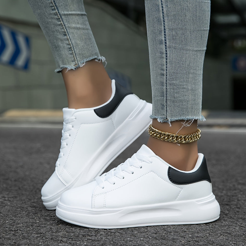 Women’s Low-Top Lace-Up Sneakers with Smooth Upper and Contrast Heel Panel