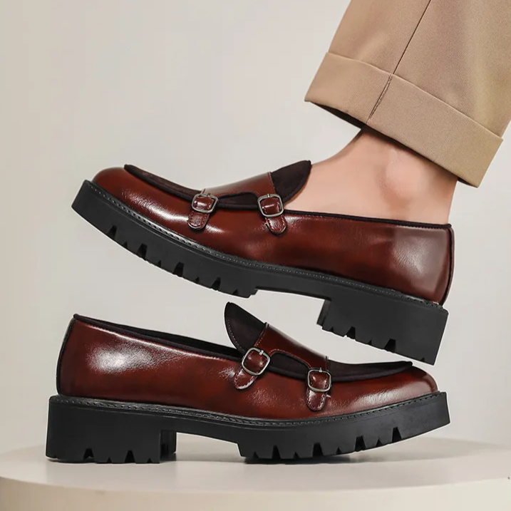Men's Double Monk Strap Loafers - Platform Lug Sole - Round Toe