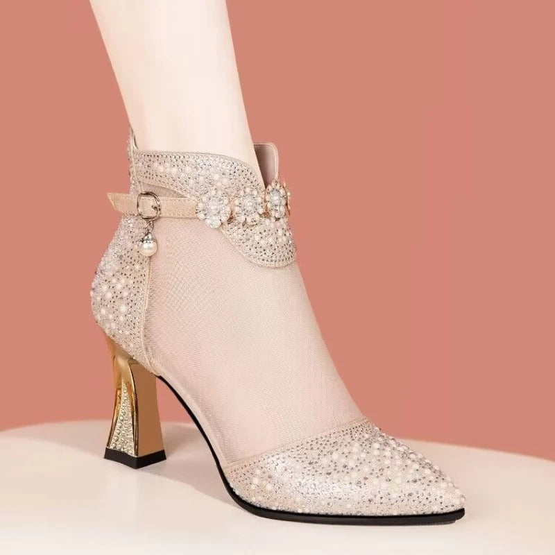 Women's Pointed Toe Block Heels - Ankle Strap - Rhinestone Embellished