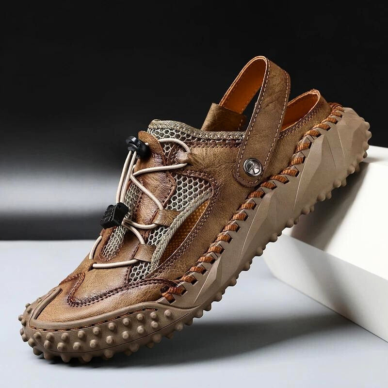 Men’s Leather Sandals with Rounded Closed Toe and Adjustable Strap