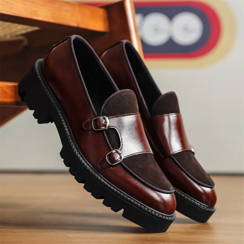 Men's Double Monk Strap Loafers - Platform Lug Sole - Round Toe