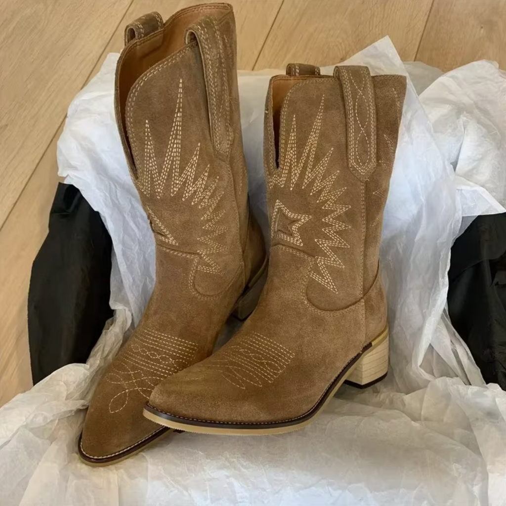 Women's Suede Cowgirl Boots - Pointed Toe Mid-Calf Western Boots - Embroidered Shaft - Block Heel