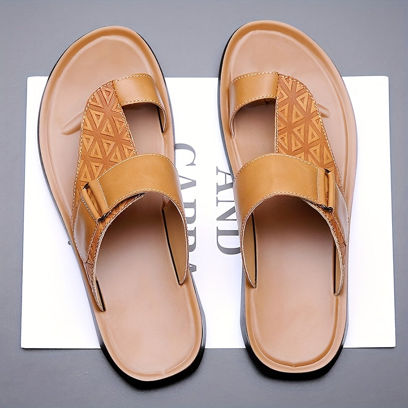 Men's Open Toe Leather Sandals – Toe Loop Slip-On with Geometric Embossed Strappy