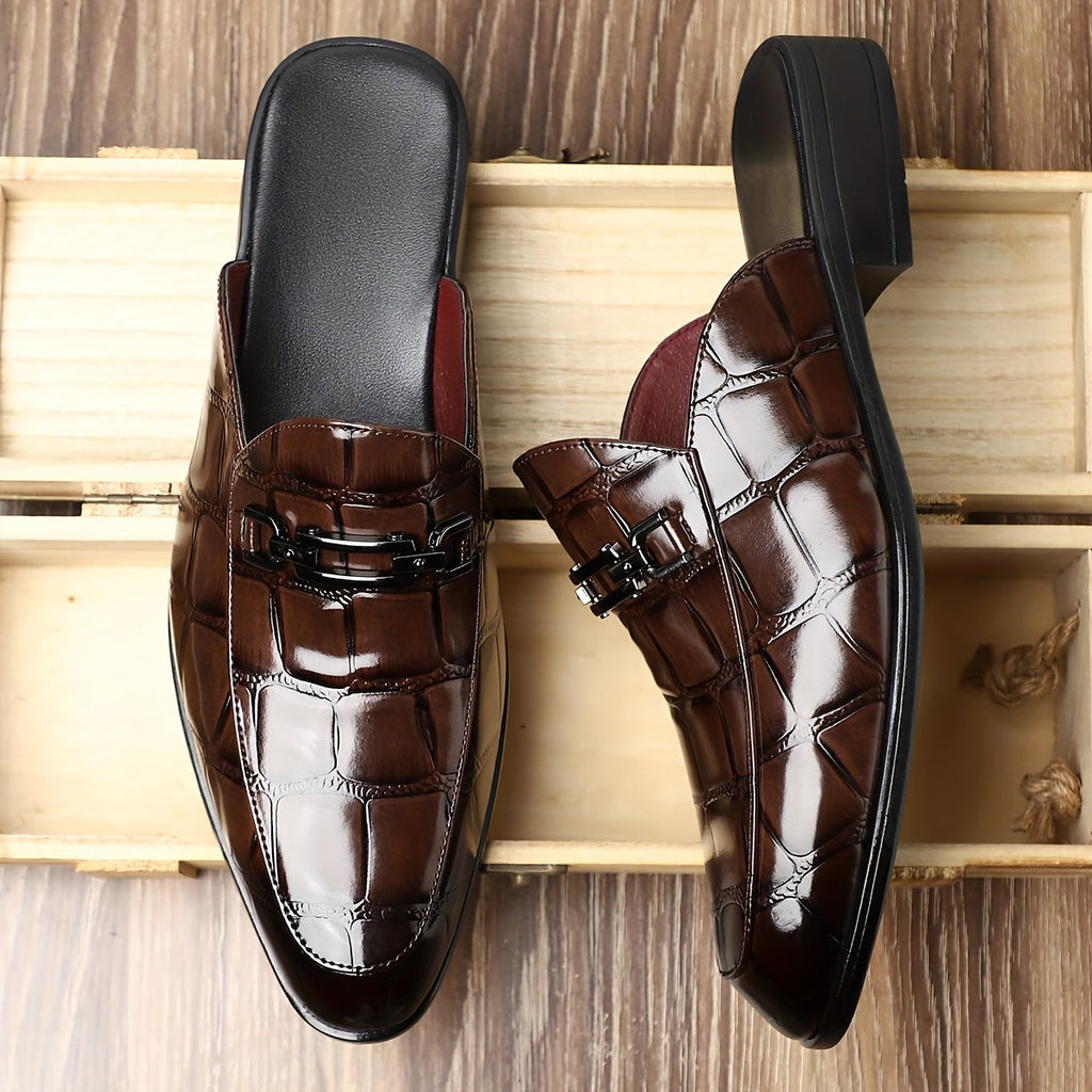 Men’s Mule Loafers with Croc Pattern - Slip-On Backless Design - Metal Bit Detail