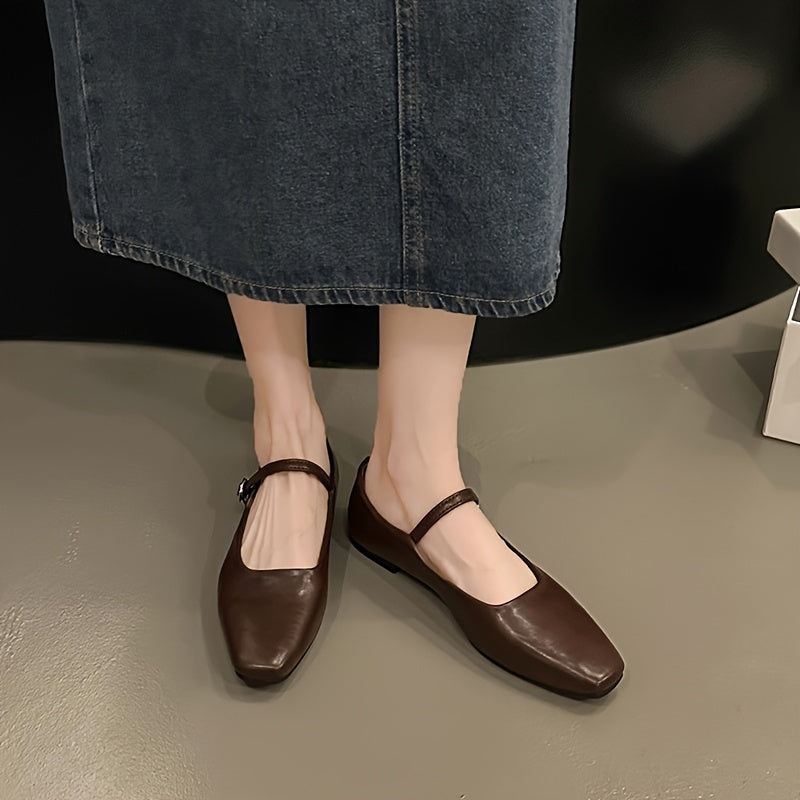 Women's Leather Ballet Flats – Square Toe Single Strap with Gold-Tone Pin Buckle