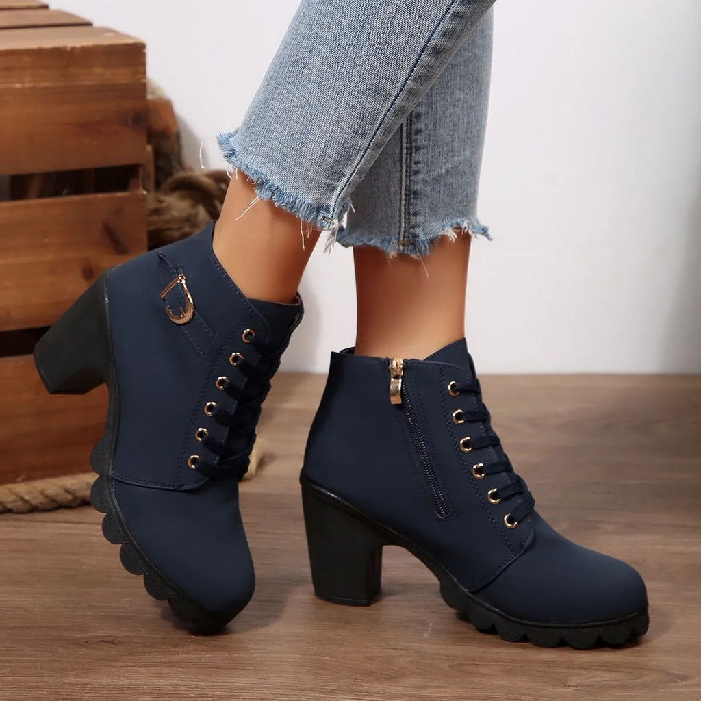 Women's Ankle Boots - Block Heel - Lace-Up - Side Zipper - Buckle Detail