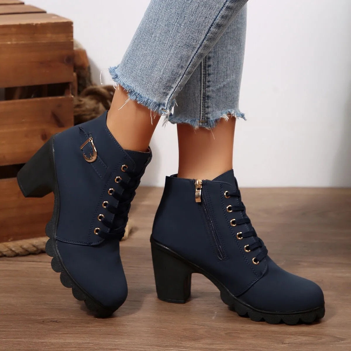 Women's Ankle Boots - Block Heel - Lace-Up - Side Zipper - Buckle Detail
