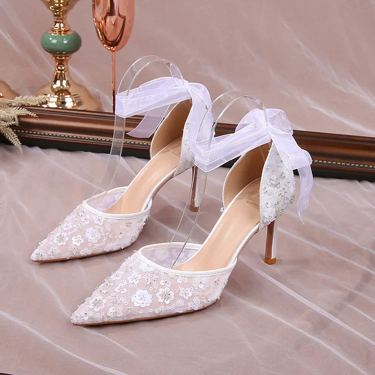 Women's White Pointed Toe Lace Heels - Ribbon Ankle Tie Floral Stiletto Pumps