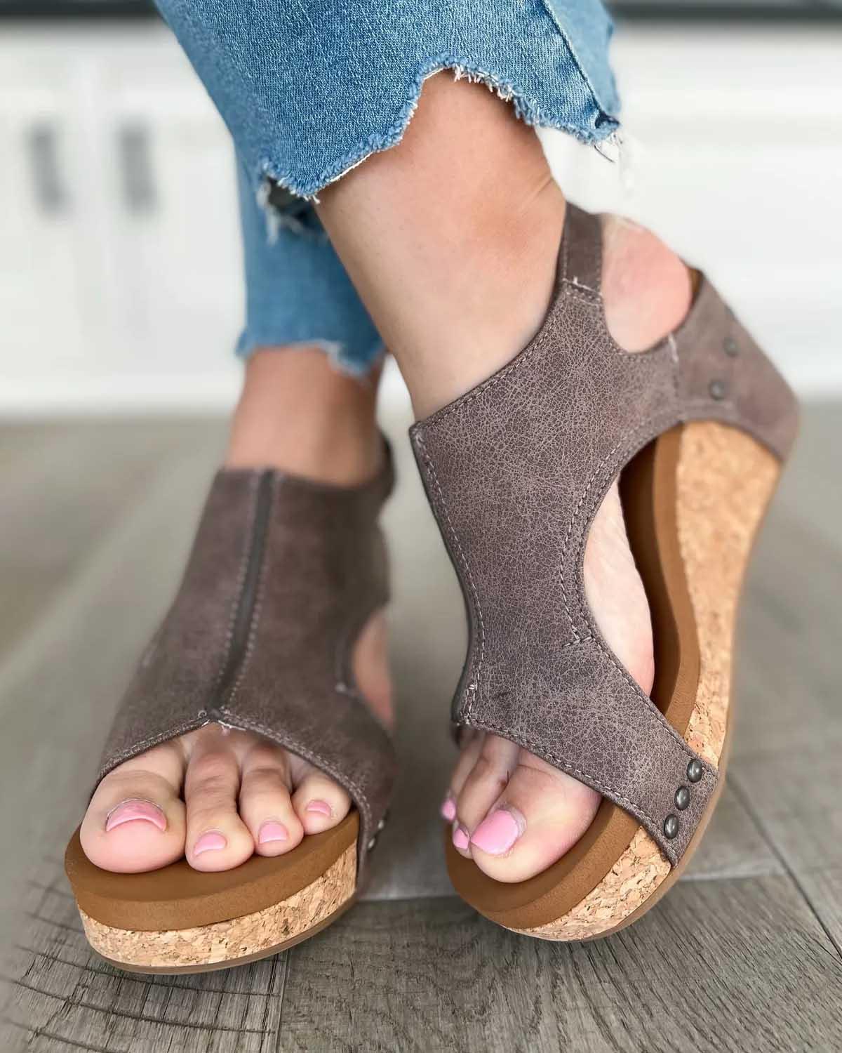 Women’s Open Toe Wedge Sandals with Cut Out Upper and Cork Effect Sole