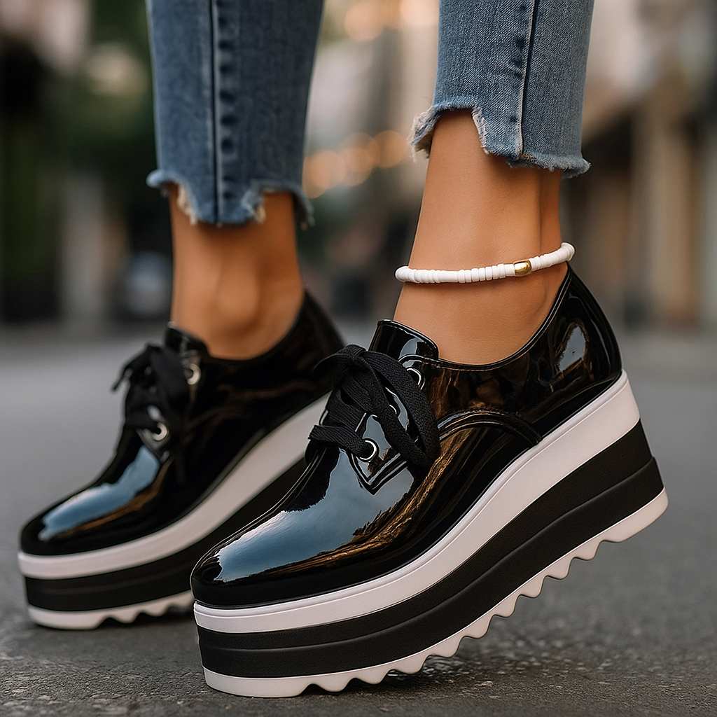 Women's Square Toe Platform Sneakers - Lace-Up Patent Leather - High Platform