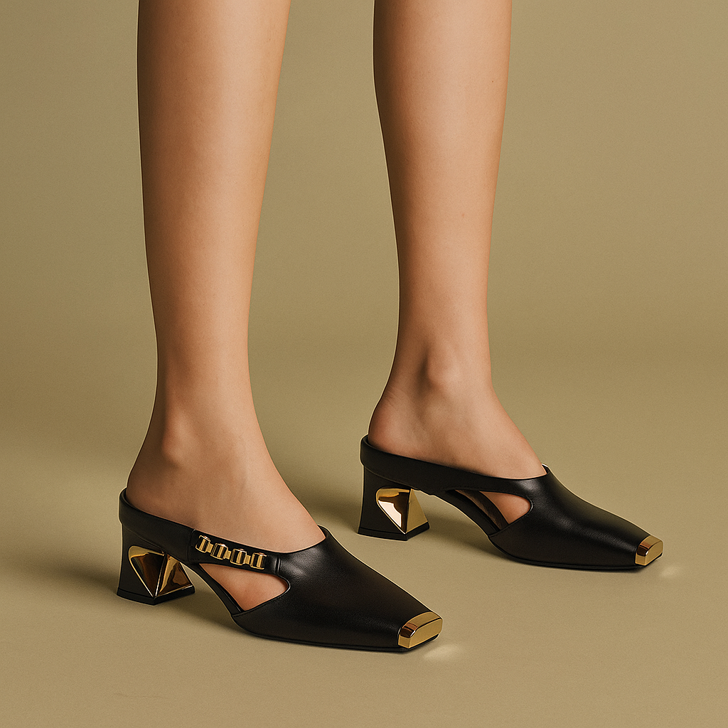 Women's Square Toe Heeled Slides - Cutout Mule with Metal Toe Cap Block Heel