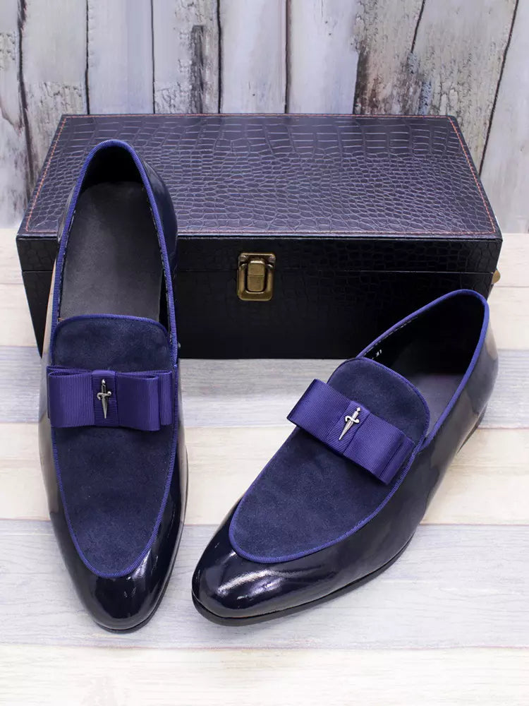 Men's Dress Loafers – Slip-On Round Toe with Suede Panel - Bow Detail