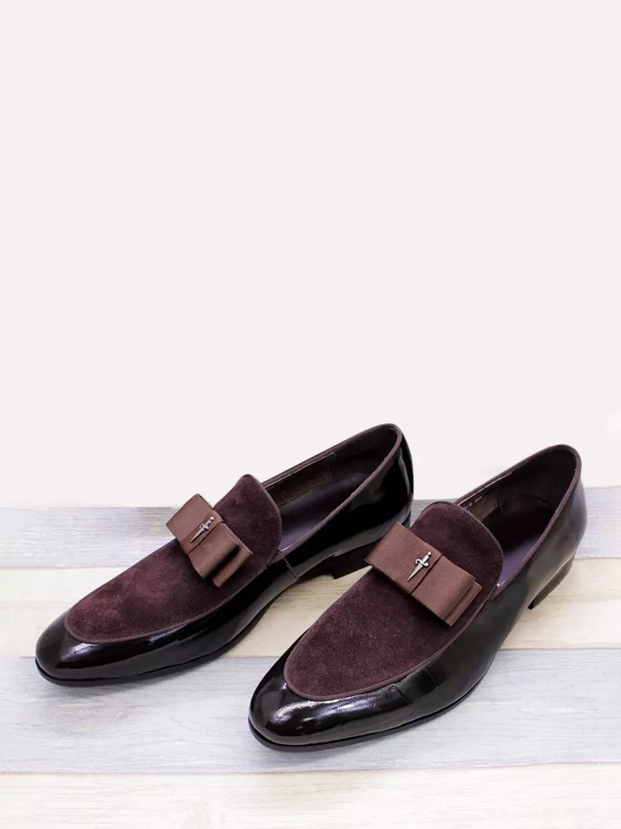Men's Dress Loafers – Slip-On Round Toe with Suede Panel - Bow Detail