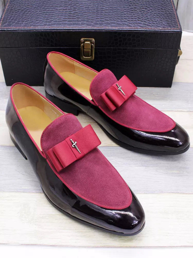 Men's Dress Loafers – Slip-On Round Toe with Suede Panel - Bow Detail