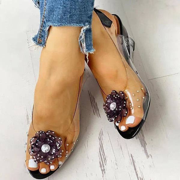 Women's Clear Wedge Sandals – Open Toe Slingback with Flower Crystal Detail