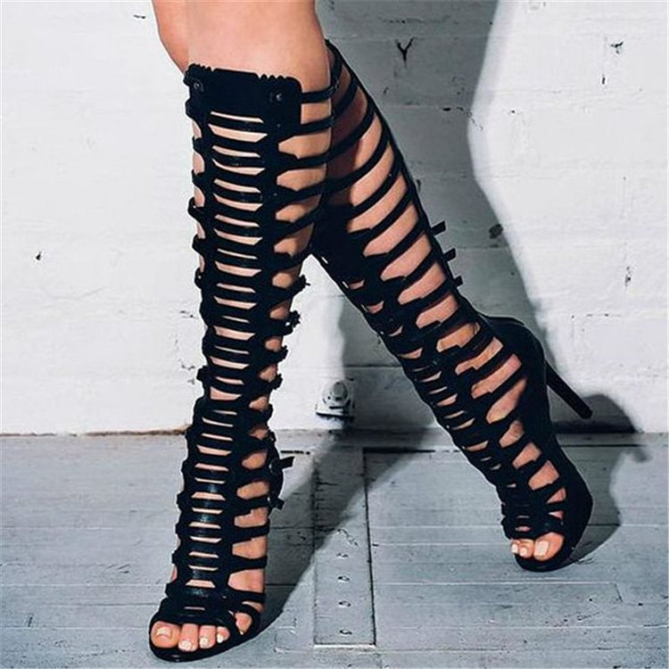 Women's Knee-High Gladiator Heels - Open Toe Stiletto Heel
