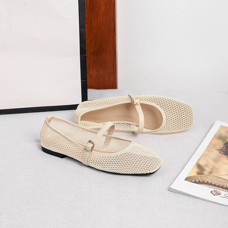 Women's Mesh Mary Jane Flats – Square Toe Buckle Strap Open Weave Upper