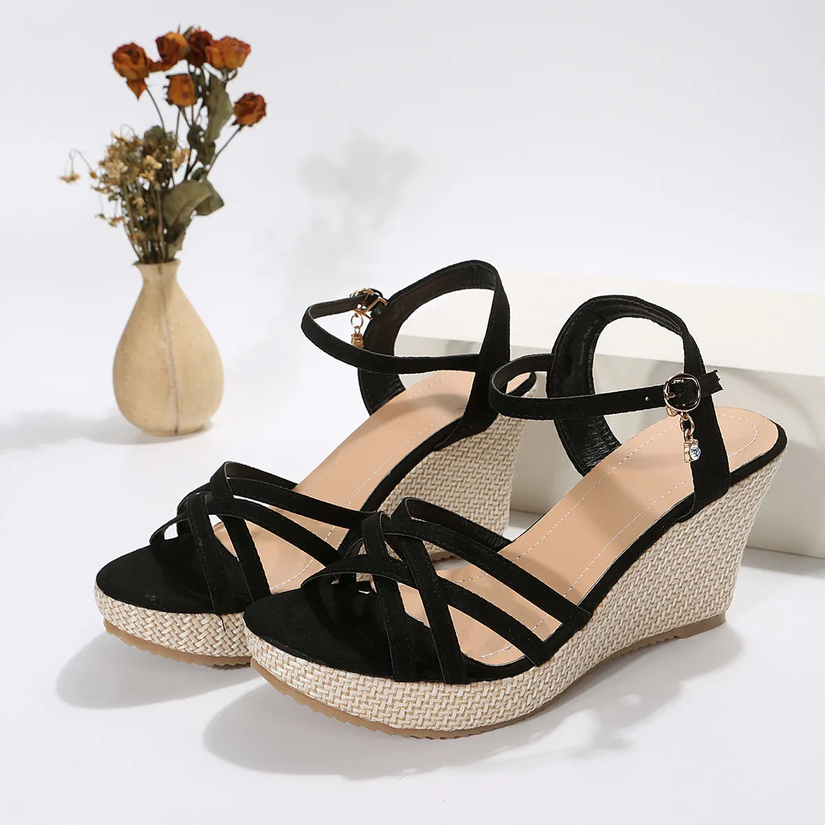 Women's Strappy Espadrille Wedge Sandals - Open Toe - Ankle Strap
