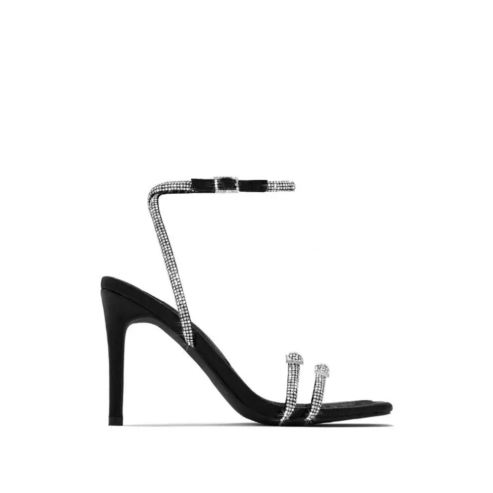 Women's Square Toe Strappy Heeled Sandals - Rhinestone Ankle Strap Stiletto