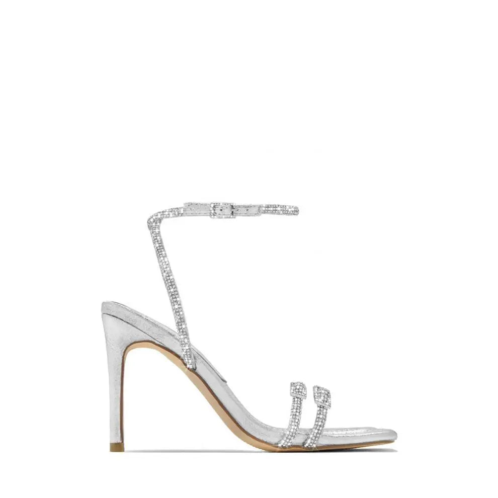 Women's Square Toe Strappy Heeled Sandals - Rhinestone Ankle Strap Stiletto