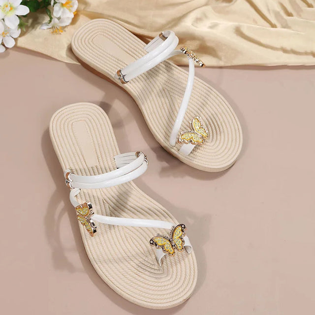 Women's Flat Sandals - Ankle Strap - Butterfly Embellishments